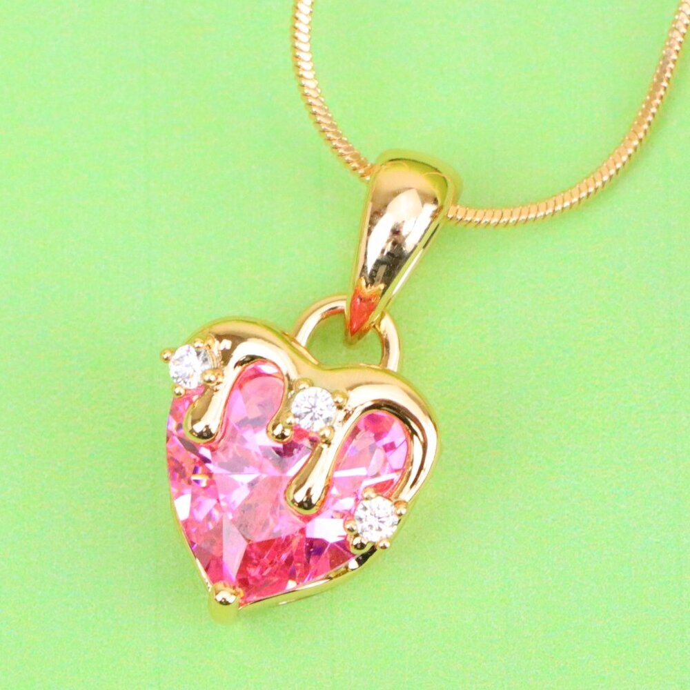 "Heart Drip Pink Pendant in Gold Finish Romantic Charm, XPPT1698